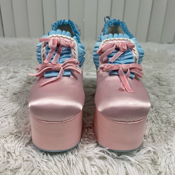 💔SOLD💔 SUGAR THRILLZ Bisou Baby Ruffle Bow Satin Platform Heels  Loafers Pink 6 - Picture 3 of 9
